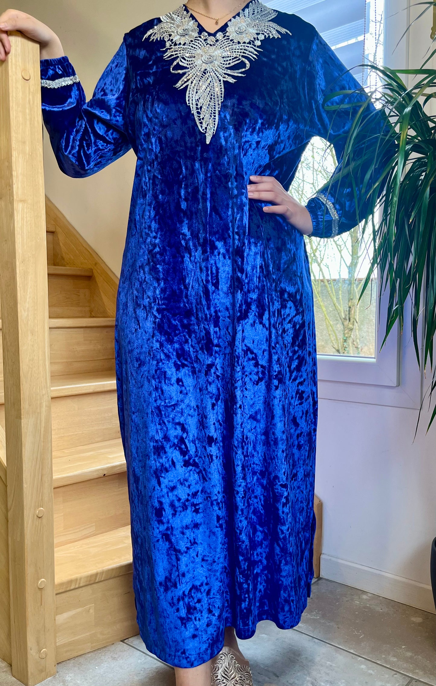 Gandoura Velours - Bleu Saphir/Argent